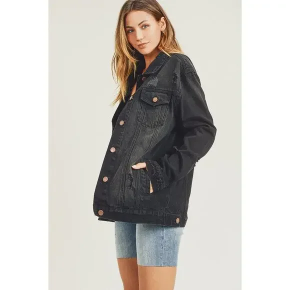 RISEN Distressed Long Sleeves 90's Vintage Pocket Oversized Denim JacketBlack